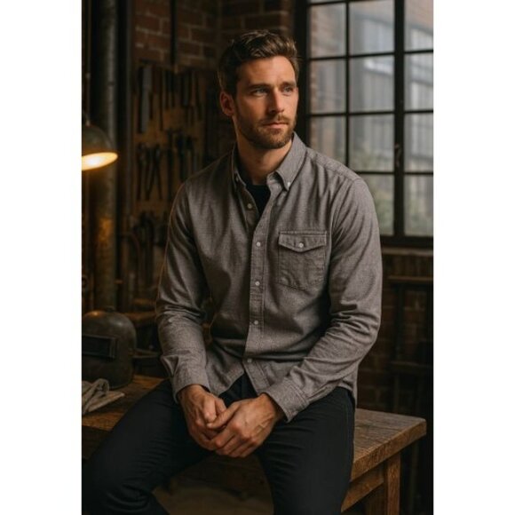 VTG Mens Casual LS Snap Pearl Button Shirt Med Taupe Work wear Normcore - Picture 2 of 14